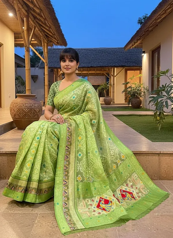 Green_Cotton_Silk_Bandhani_Print_Jacquard_Woven_Saree_For_Women_|_With_Blouse_Piece