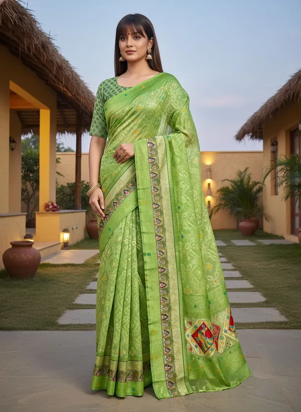 Green_Cotton_Silk_Bandhani_Print_Jacquard_Woven_Saree_For_Women_|_With_Blouse_Piece
