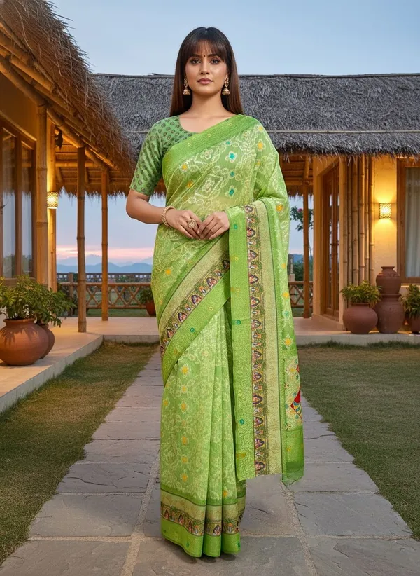 Green_Cotton_Silk_Bandhani_Print_Jacquard_Woven_Saree_For_Women_|_With_Blouse_Piece
