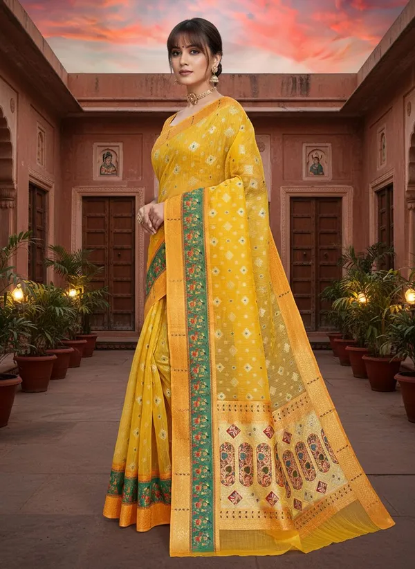 Yellow_Cotton_Silk_Banarasi_Zari_Woven_Saree_For_Women_|_With_Blouse_Piece