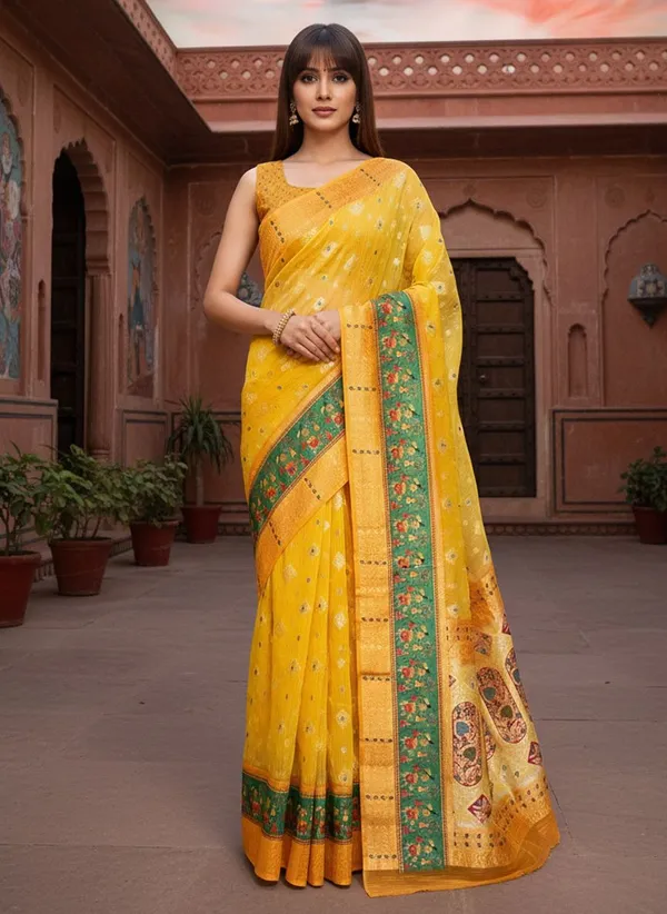 Yellow_Cotton_Silk_Banarasi_Zari_Woven_Saree_For_Women_|_With_Blouse_Piece