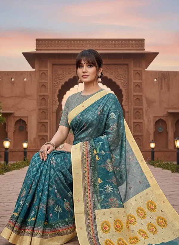 Dark_Green_Cotton_Silk_Digital_Print_Saree_For_Women_|_With_Blouse_Piece