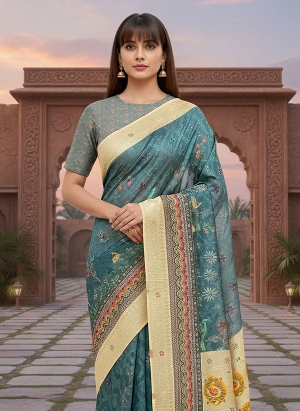 Dark_Green_Cotton_Silk_Digital_Print_Saree_For_Women_|_With_Blouse_Piece