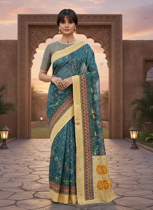 Dark_Green_Cotton_Silk_Digital_Print_Saree_For_Women_|_With_Blouse_Piece
