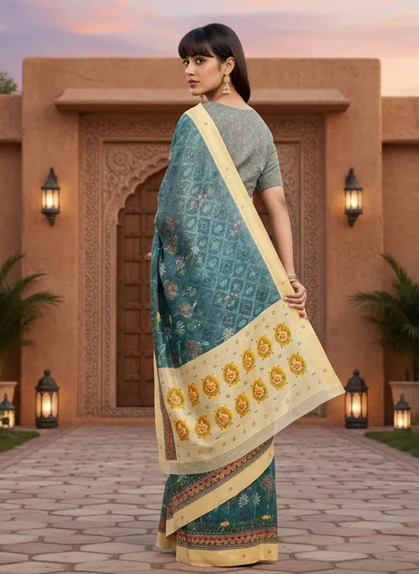 Dark_Green_Cotton_Silk_Digital_Print_Saree_For_Women_|_With_Blouse_Piece