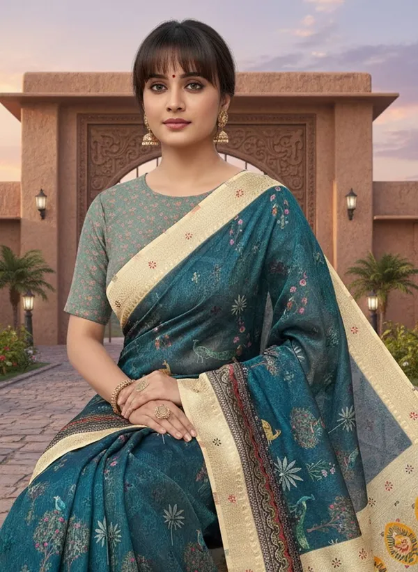 Dark_Green_Cotton_Silk_Digital_Print_Saree_For_Women_|_With_Blouse_Piece