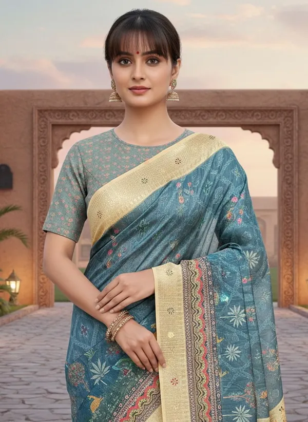 Dark_Green_Cotton_Silk_Digital_Print_Saree_For_Women_|_With_Blouse_Piece