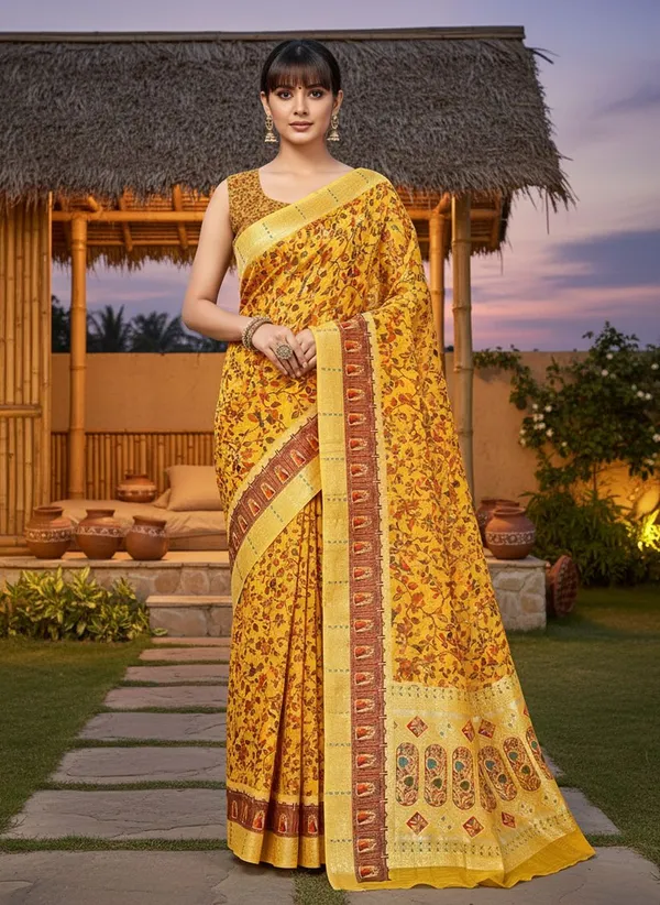 Yellow_Cotton_Silk_Printed_Saree_For_Women_|_With_Blouse_Piece