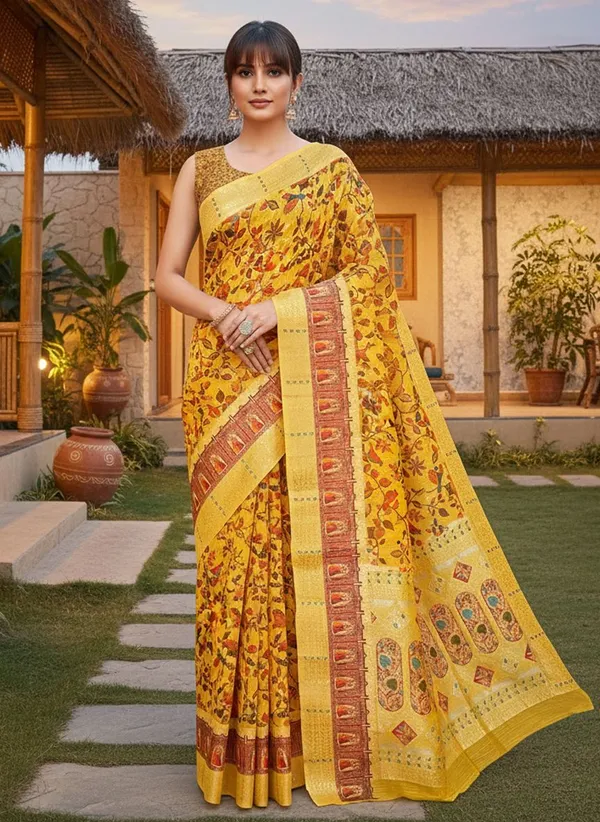 Yellow_Cotton_Silk_Printed_Saree_For_Women_|_With_Blouse_Piece