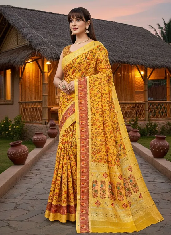 Yellow_Cotton_Silk_Printed_Saree_For_Women_|_With_Blouse_Piece