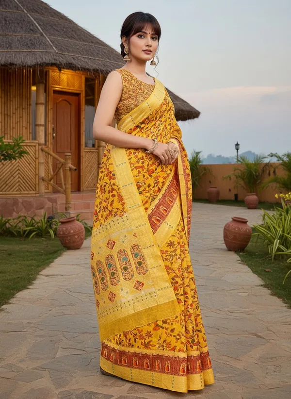 Yellow_Cotton_Silk_Printed_Saree_For_Women_|_With_Blouse_Piece