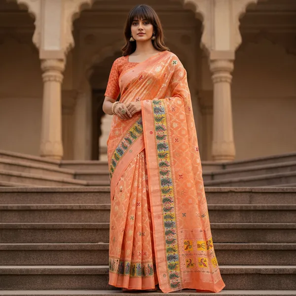 Orange_Cotton_Silk_Woven_Digital_Print_Peacock_Pallu_Saree_For_Women_|_With_Blouse_Piece
