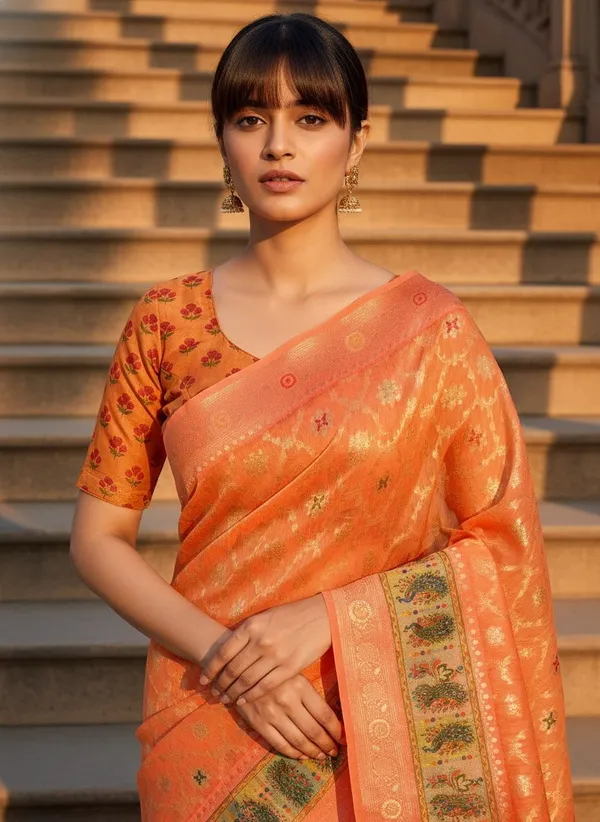 Orange_Cotton_Silk_Woven_Digital_Print_Peacock_Pallu_Saree_For_Women_|_With_Blouse_Piece