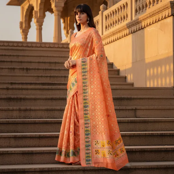Orange_Cotton_Silk_Woven_Digital_Print_Peacock_Pallu_Saree_For_Women_|_With_Blouse_Piece