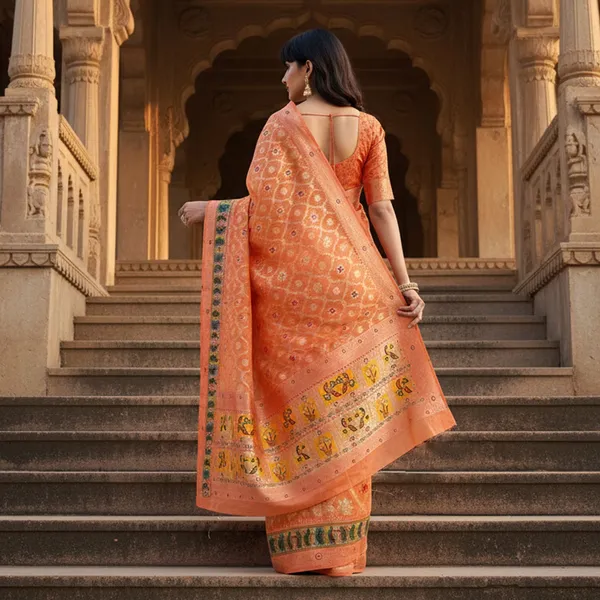 Orange_Cotton_Silk_Woven_Digital_Print_Peacock_Pallu_Saree_For_Women_|_With_Blouse_Piece
