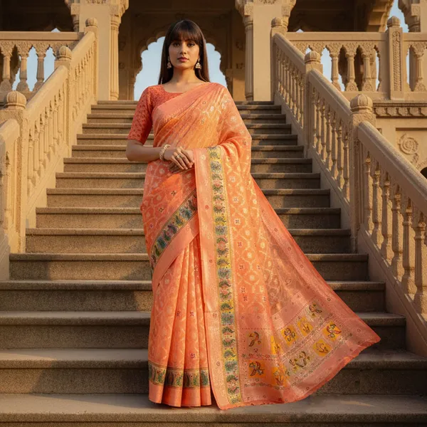 Orange_Cotton_Silk_Woven_Digital_Print_Peacock_Pallu_Saree_For_Women_|_With_Blouse_Piece