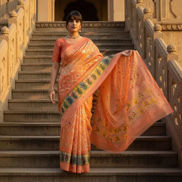 Orange_Cotton_Silk_Woven_Digital_Print_Peacock_Pallu_Saree_For_Women_|_With_Blouse_Piece