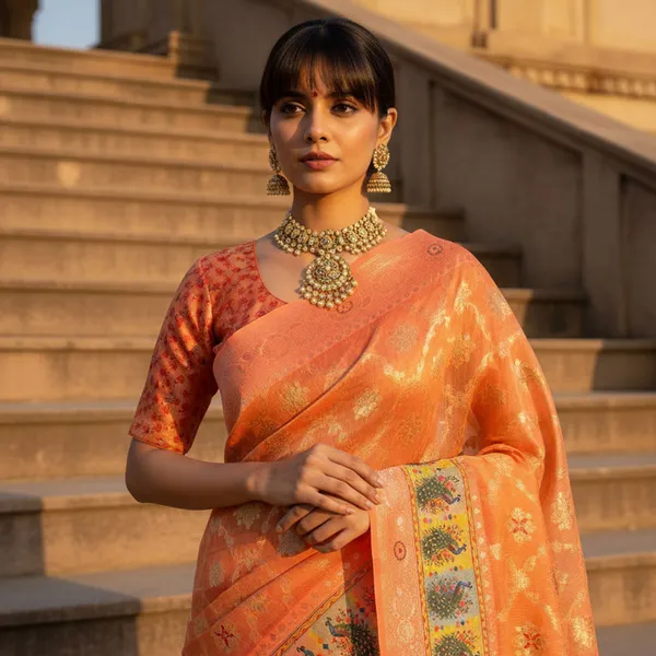 Orange_Cotton_Silk_Woven_Digital_Print_Peacock_Pallu_Saree_For_Women_|_With_Blouse_Piece