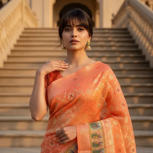 Orange_Cotton_Silk_Woven_Digital_Print_Peacock_Pallu_Saree_For_Women_|_With_Blouse_Piece