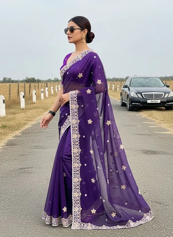 Purple_Georgette_Floral_Embroidered_Embellished_Saree_For_Women_|_With_Blouse_Piece