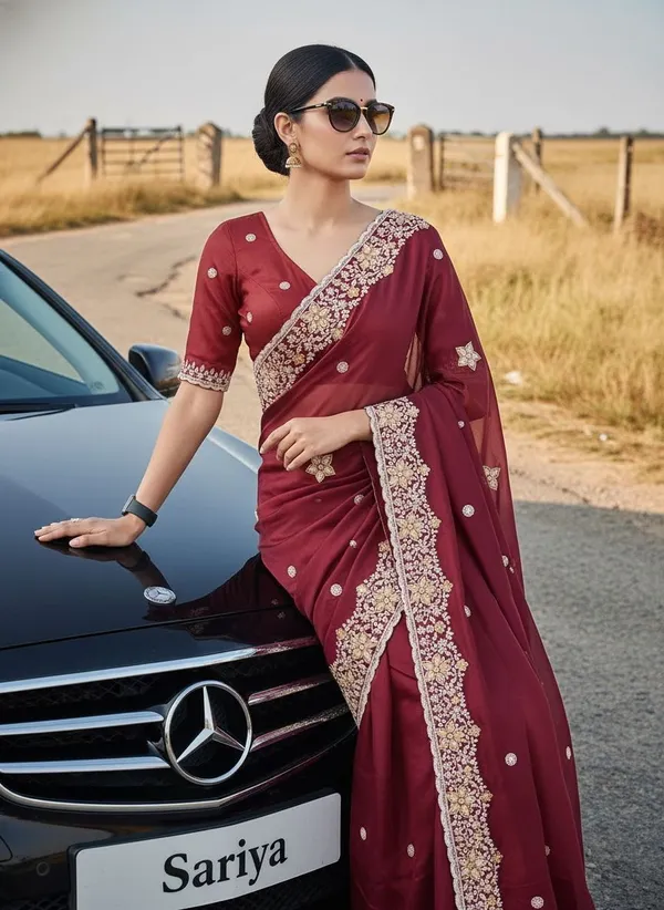 Maroon_Georgette_Embroidered_Floral_Border_Saree_For_Women_|_With_Blouse_Piece