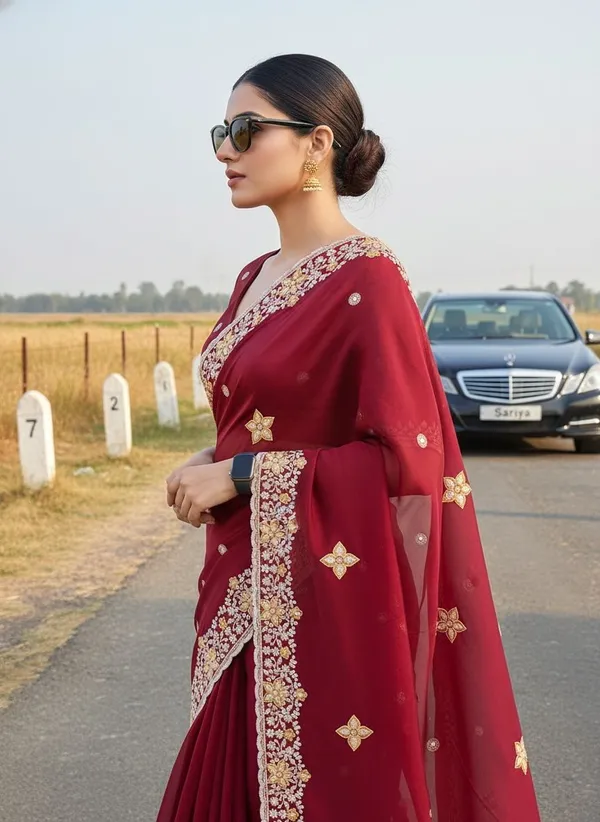 Maroon_Georgette_Embroidered_Floral_Border_Saree_For_Women_|_With_Blouse_Piece