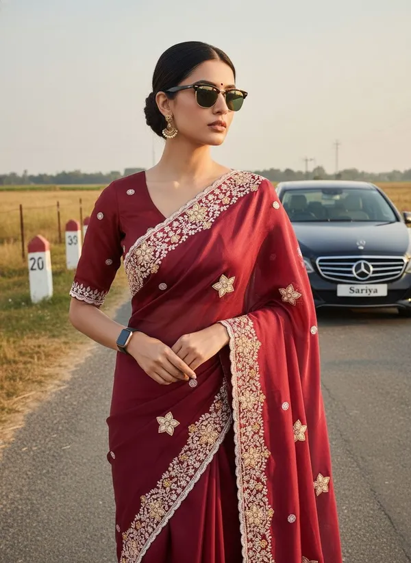 Maroon_Georgette_Embroidered_Floral_Border_Saree_For_Women_|_With_Blouse_Piece