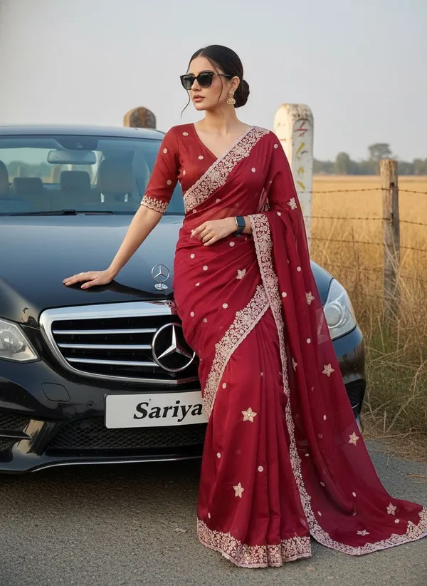 Maroon_Georgette_Embroidered_Floral_Border_Saree_For_Women_|_With_Blouse_Piece