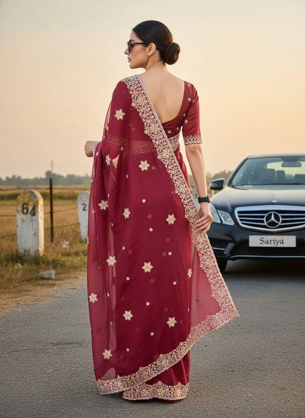 Maroon_Georgette_Embroidered_Floral_Border_Saree_For_Women_|_With_Blouse_Piece