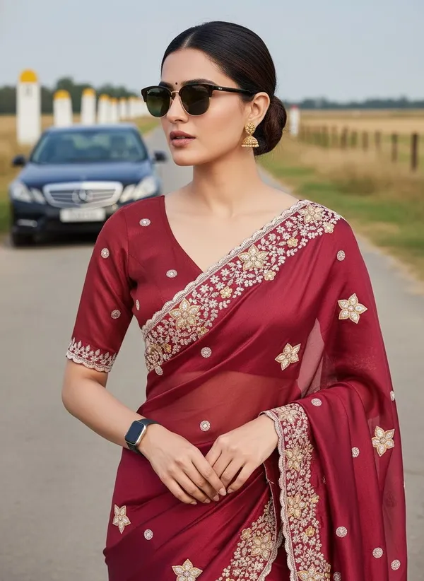 Maroon_Georgette_Embroidered_Floral_Border_Saree_For_Women_|_With_Blouse_Piece