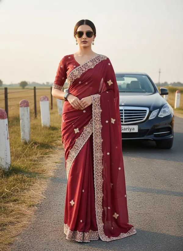 Maroon_Georgette_Embroidered_Floral_Border_Saree_For_Women_|_With_Blouse_Piece