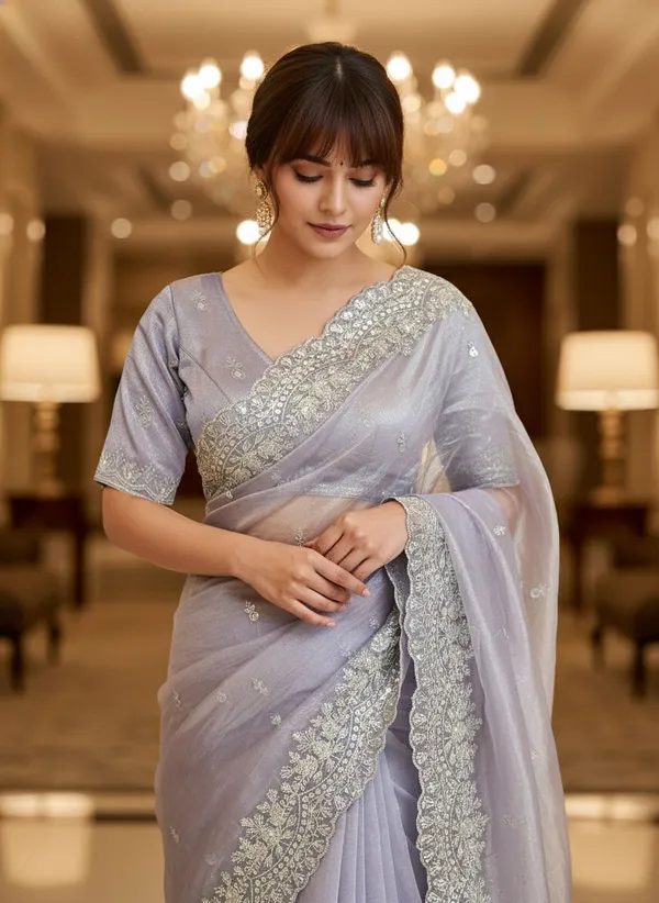 Lavender_Net_Embroidered_Silver_Zari_Sequence_Saree_For_Women_|_With_Blouse_Piece