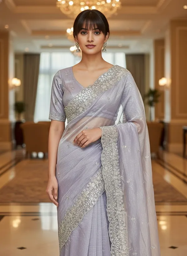 Lavender_Net_Embroidered_Silver_Zari_Sequence_Saree_For_Women_|_With_Blouse_Piece
