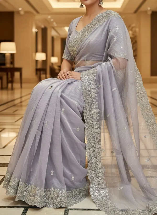 Lavender_Net_Embroidered_Silver_Zari_Sequence_Saree_For_Women_|_With_Blouse_Piece