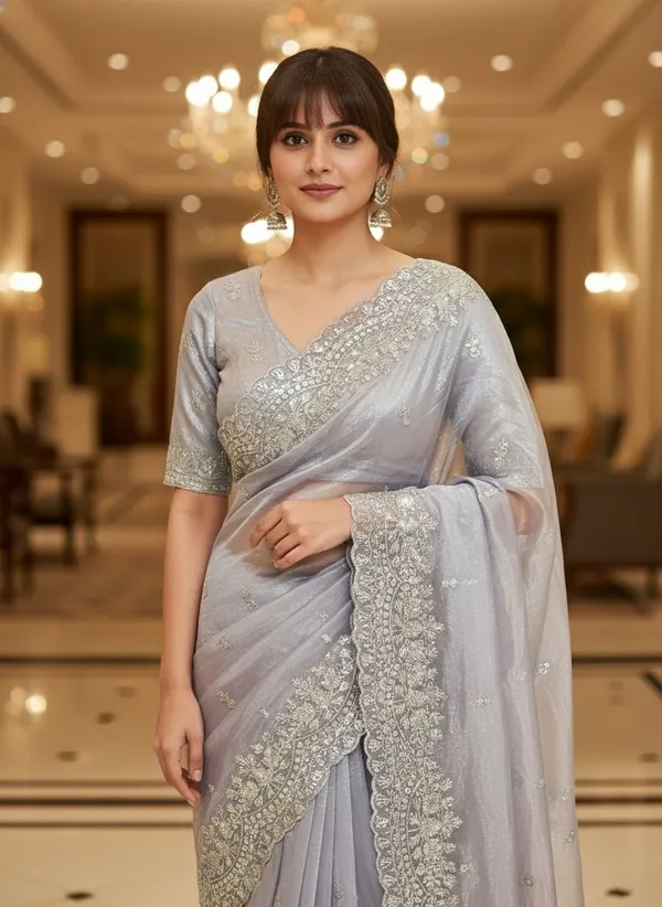 Lavender_Net_Embroidered_Silver_Zari_Sequence_Saree_For_Women_|_With_Blouse_Piece