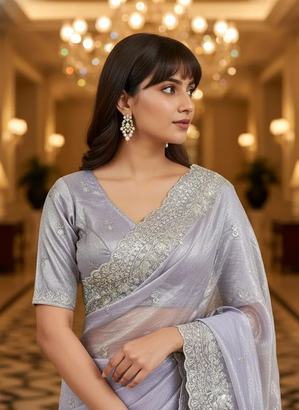 Lavender_Net_Embroidered_Silver_Zari_Sequence_Saree_For_Women_|_With_Blouse_Piece