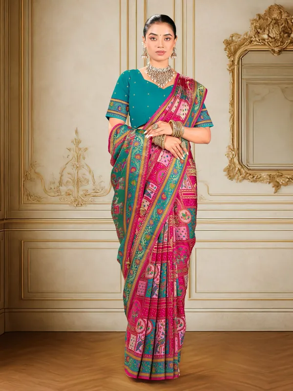 Pink_Madhubani_Pure_Silk_Jacquard_Digital_Print_Saree_For_Women_|_With_Blouse_Piece