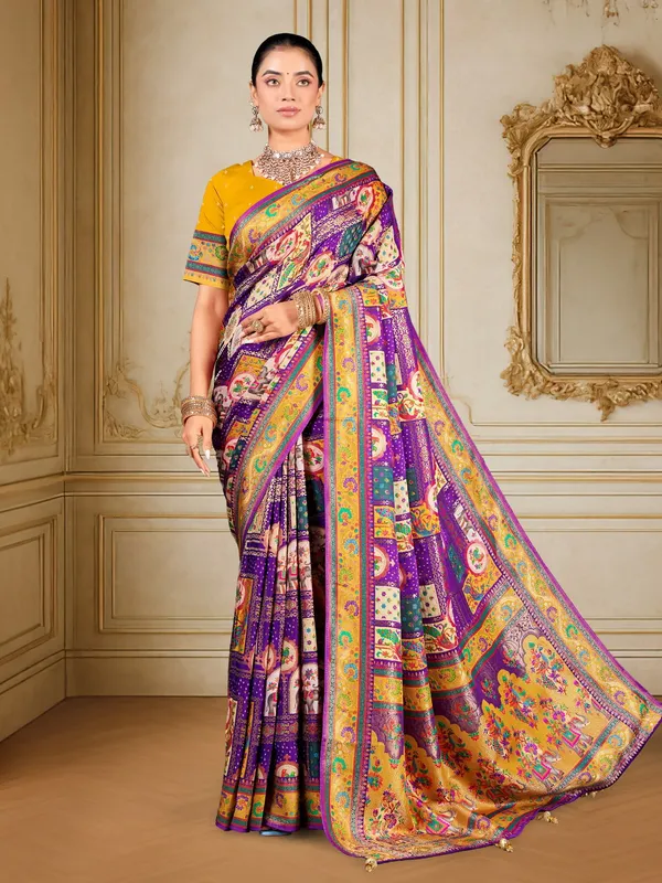 Purple_Madhubani_Pure_Silk_Jacquard_Digital_Print_Saree_For_Women_|_With_Blouse_Piece