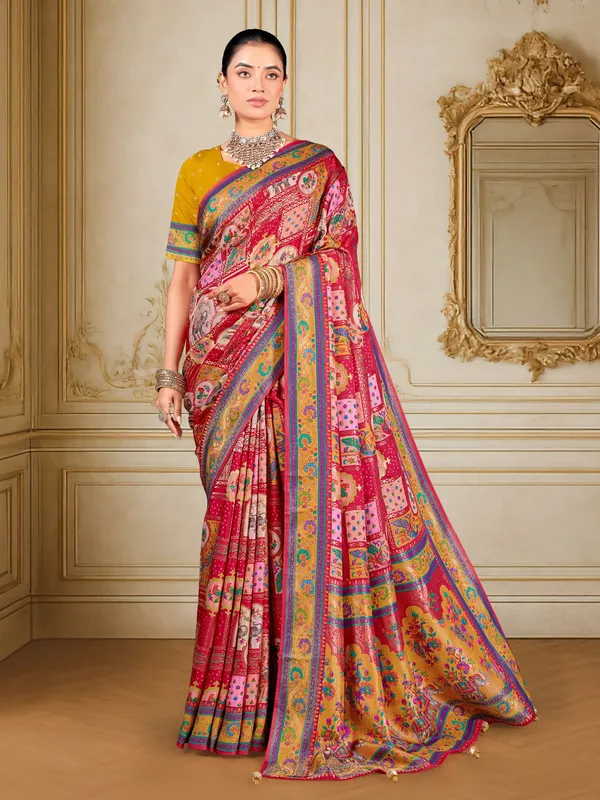 Red_Madhubani_Pure_Silk_Woven_Digital_Print_Saree_For_Women_|_With_Blouse_Piece