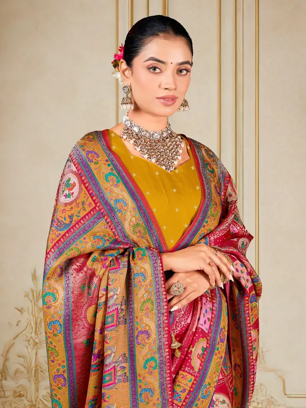 Red_Madhubani_Pure_Silk_Woven_Digital_Print_Saree_For_Women_|_With_Blouse_Piece