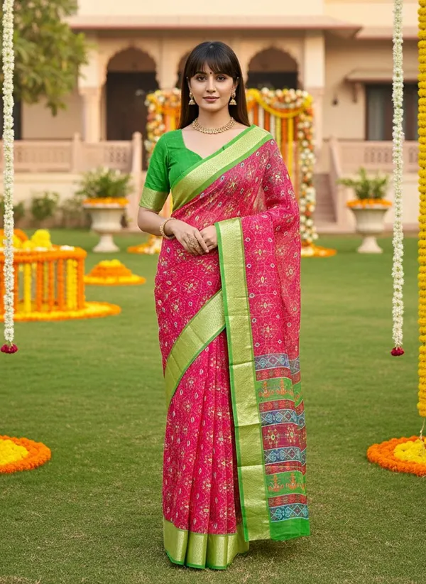 Pink_Organza_Woven_Ikkat_Jacquard_Saree_For_Women_|_With_Blouse_Piece