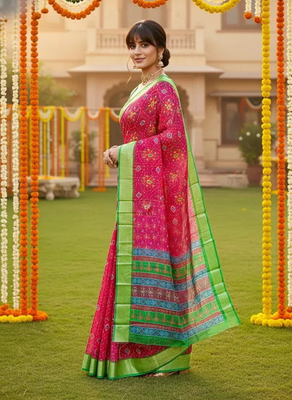 Pink_Organza_Woven_Ikkat_Jacquard_Saree_For_Women_|_With_Blouse_Piece