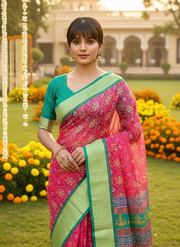Pink_Green_Organza_Jacquard_Woven_Ikkat_Printed_Saree_For_Women_|_With_Blouse_Piece
