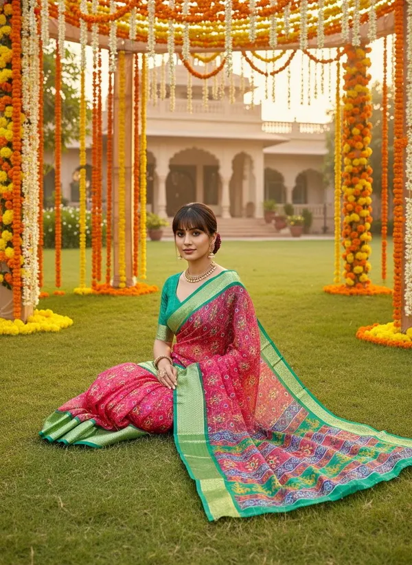 Pink_Green_Organza_Jacquard_Woven_Ikkat_Printed_Saree_For_Women_|_With_Blouse_Piece