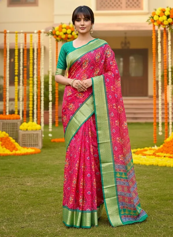 Pink_Green_Organza_Jacquard_Woven_Ikkat_Printed_Saree_For_Women_|_With_Blouse_Piece