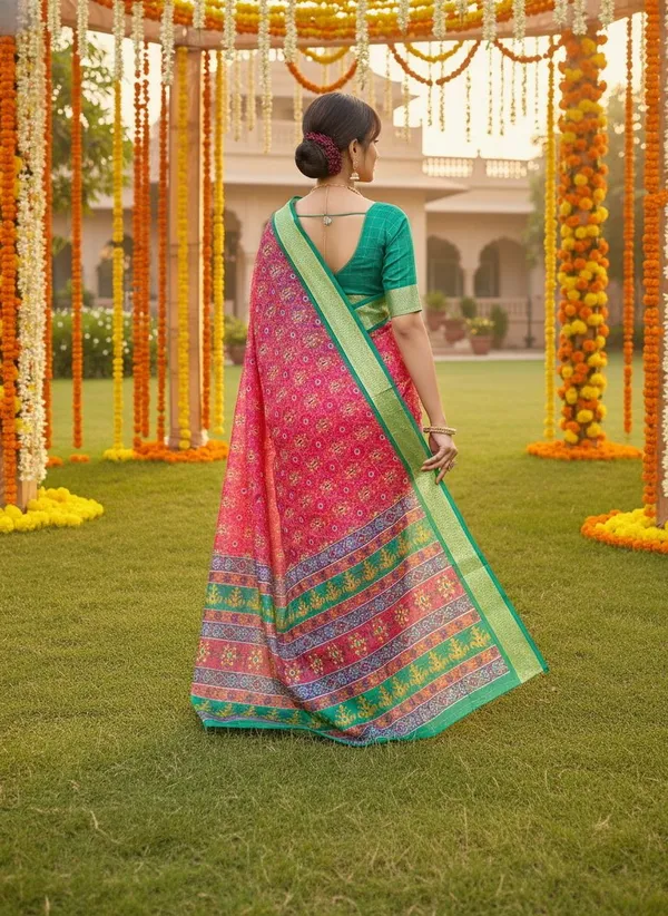 Pink_Green_Organza_Jacquard_Woven_Ikkat_Printed_Saree_For_Women_|_With_Blouse_Piece