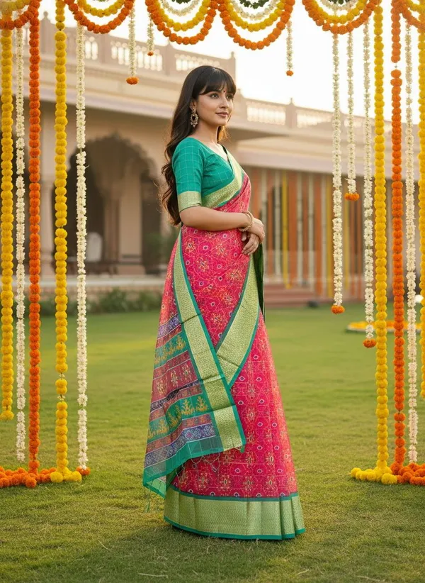 Pink_Green_Organza_Jacquard_Woven_Ikkat_Printed_Saree_For_Women_|_With_Blouse_Piece