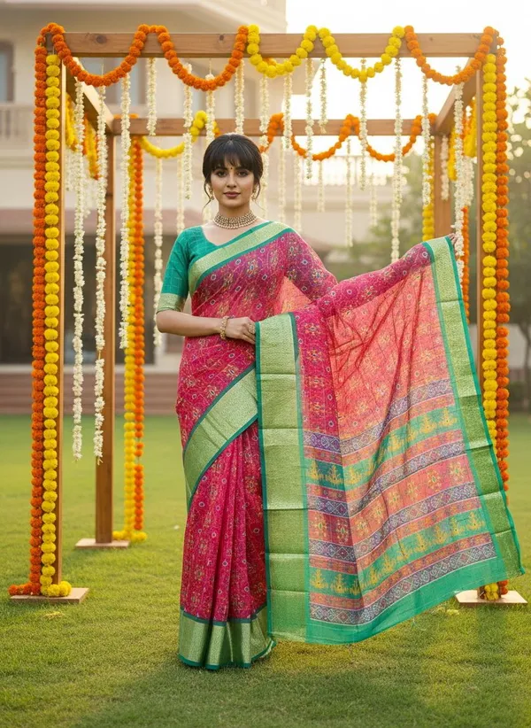 Pink_Green_Organza_Jacquard_Woven_Ikkat_Printed_Saree_For_Women_|_With_Blouse_Piece