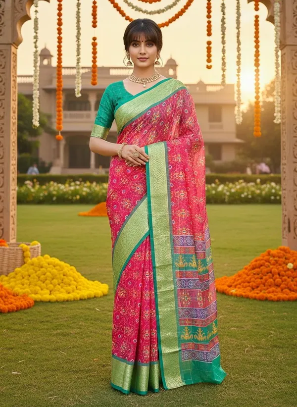 Pink_Green_Organza_Jacquard_Woven_Ikkat_Printed_Saree_For_Women_|_With_Blouse_Piece