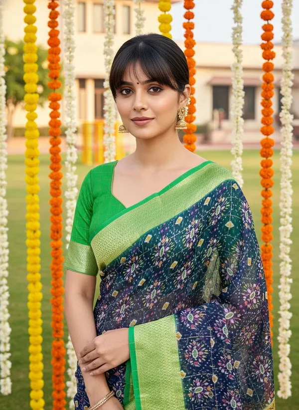 Navy_Blue_Organza_Jacquard_Woven_Ikkat_Saree_For_Women_|_With_Blouse_Piece